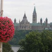 kosz kwiatow na tle budynku parlamentu w Ottawie, Kanada